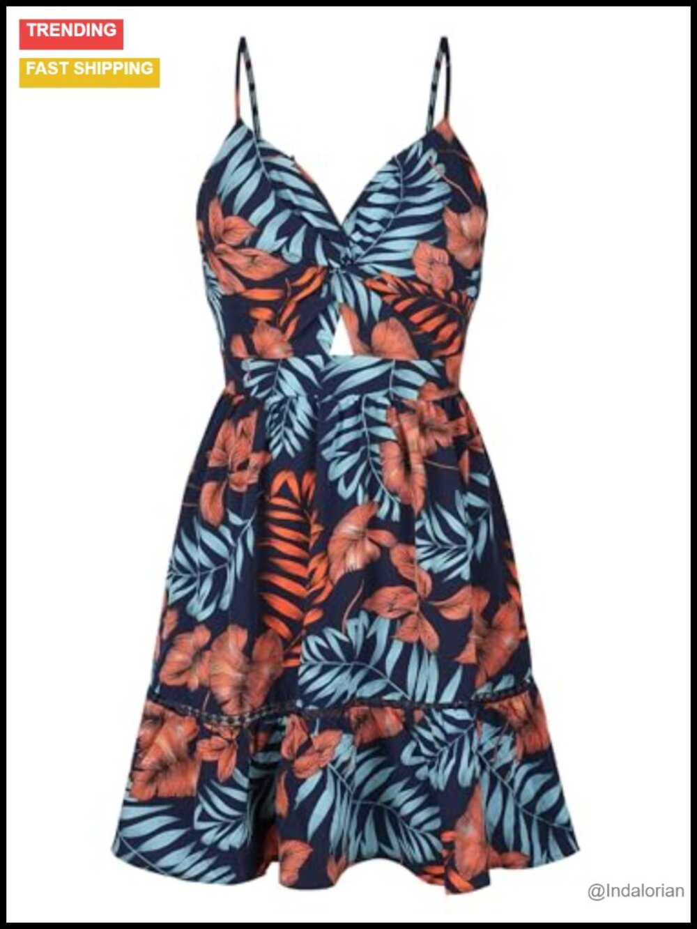 Tropical Print Mini A-Line Sundress V-Neck Self Tie Back Ruffled Sleeveless - Picture 3 of 5